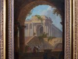 an oil painting on canvas of a building with a man and a woman sitting on the steps