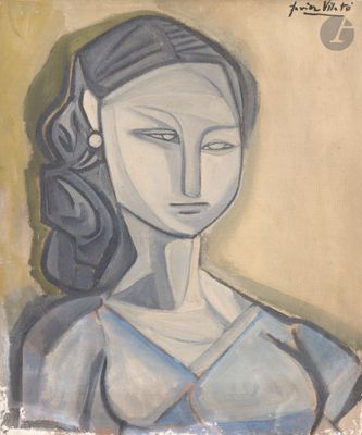 tableau représentant une femme en robe bleue, les yeux fermés