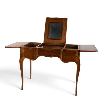 an image of a wooden desk with a mirror on top of it