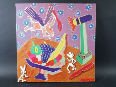 une photo d'un tableau représentant des fruits et des oiseaux posés sur une table