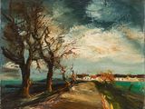 a painting of a road with trees and houses in the distance