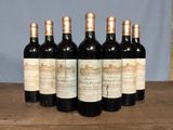 six bottles of wine are lined up on a wooden table