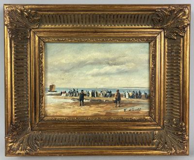 an oil painting of a beach scene with people walking on the sand