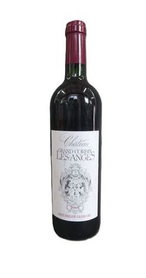 bottle of red wine with a white label on a white background
