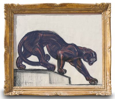 an image of a painting of a black panther on a ledge