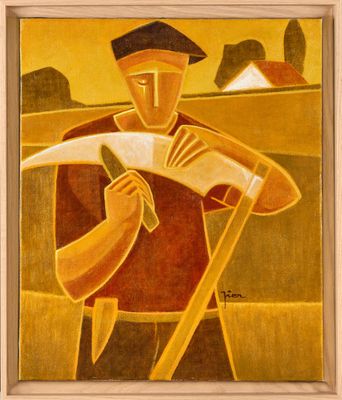 une peinture à l'huile représentant un homme tenant un couteau dans la main