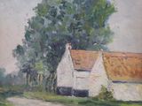 an oil painting of a white house with a thatched roof in a field