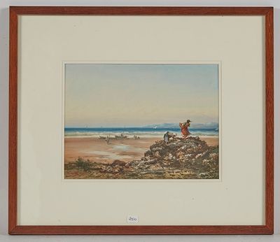 tableau représentant un homme à cheval sur une plage, avec un bateau en arrière-plan