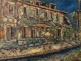tableau représentant un vieux bâtiment avec un parapluie à un coin de rue