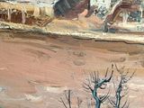 an oil painting on canvas of a landscape with a farm and trees