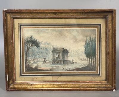 une peinture représentant un paysage avec un bâtiment en arrière-plan