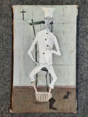 un tableau représentant un homme debout sur une chaise, un seau à la main