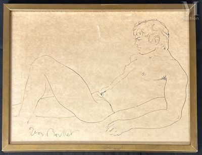 drawing of a nude woman sitting on her stomach in a black frame