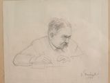 drawing of a man sitting at a table with a pen in his hand