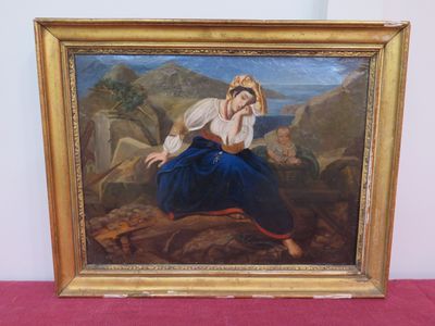 une peinture à l'huile représentant une femme agenouillée sur un rocher dans un paysage