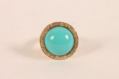 Bague en or jaune 750 ‰ sertie d'un cabochon de turquoise st… - Photo 1