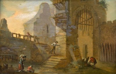 un tableau représentant un homme et une femme sur un pont