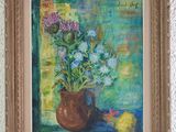 a painting of flowers in a vase on a table