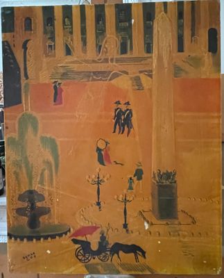 une peinture représentant une calèche devant un bâtiment