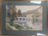 tableau représentant un pont au-dessus d'un plan d'eau, avec un bâtiment en arrière-plan