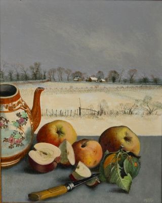 un tableau représentant des pommes et une théière posées sur une table