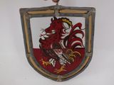une personne tenant un bouclier rouge et blanc orné d'un dragon
