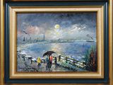 tableau représentant des personnes marchant avec des parapluies sur une jetée au bord de l'eau