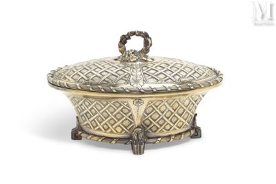 an antique silver plate covered dish with a handle and handles