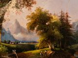 a painting of a mountain scene with horses and people in the foreground