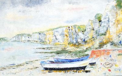 painting of a boat on the shore of a beach with cliffs in the background