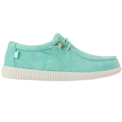 a picture of a pair of green sued shoes with white soles