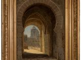 une image représentant une peinture d'une arcade avec un bâtiment en arrière-plan