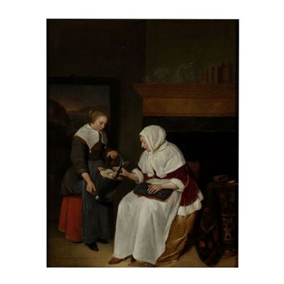 une image représentant un tableau où l'on voit deux femmes assises dans une pièce