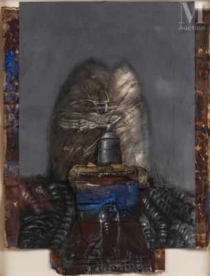 une peinture à l'huile représentant une personne assise devant une boîte