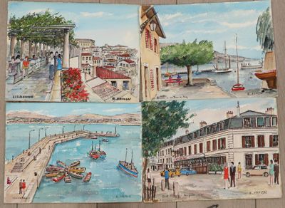 quatre tableaux représentant une ville avec des bateaux et des personnes sur l'eau