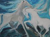 tableau représentant deux chevaux blancs au galop sur fond bleu