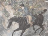 a painting of a woman riding a horse on the side of a hill