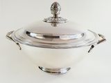 an antique silverplated bowl with a lid on a white background