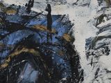 a painting of a man standing on top of a snow covered mountain