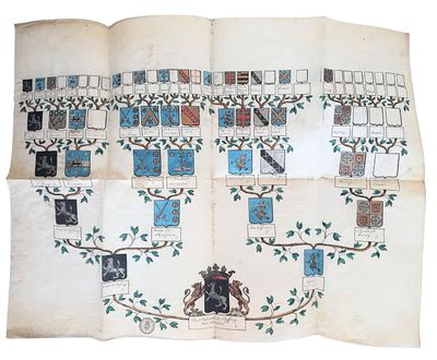 un livre ouvert sur lequel figure un dessin représentant un arbre généalogique