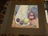 a picture of a painting of fruit and a bottle on a table
