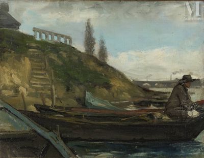 a painting of a man sitting in a boat on the water