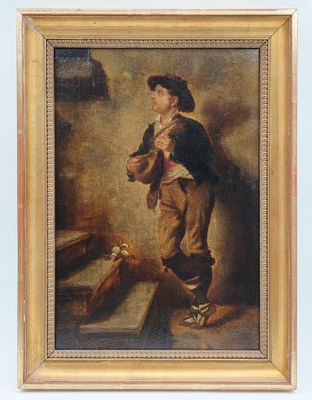 une peinture à l'huile représentant un jeune garçon tenant un oiseau dans la main
