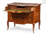 an antique wooden desk with a marble top and drawers