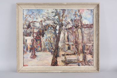 an oil painting of a street scene with a bench in the foreground