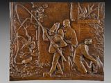 an image of a wooden plaque with a man playing a guitar