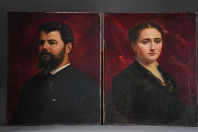 two portraits of a man and a woman are shown in front of a red background