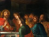 painting of a group of people sitting around a table with a bowl of food