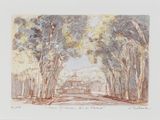 drawing of trees in a park with a building in the background