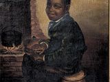 painting of a young man sitting on a barrel with a pipe